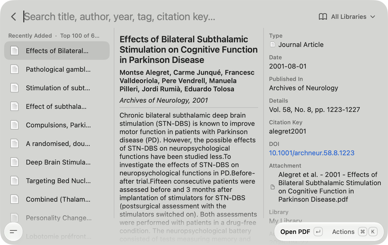 Zotero for Tinycast showing library search, a selected paper, and an Open PDF action.